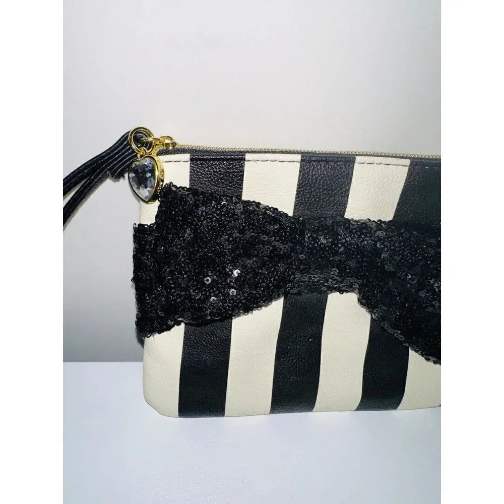 Betsy Johnson Black White Stripe Sequins Wristlet‎